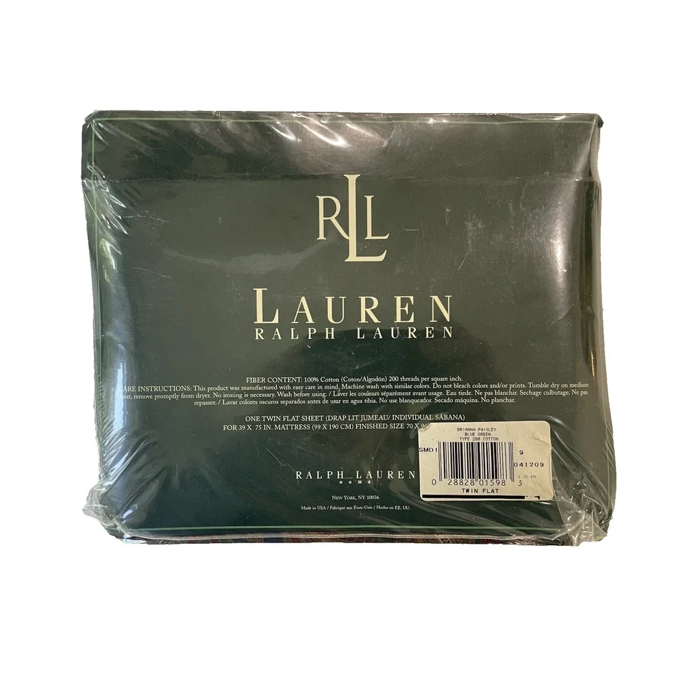 New Vtg Ralph Lauren Brianna Paisley‎ Blue Green TWIN Flat Sheet NIP